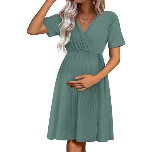 Ekouaer Maternity Nursing Dress V Neck Short Sleeve Breastfeeding Dresses Ribbed Knit Pregnancy Clothes S-XXL