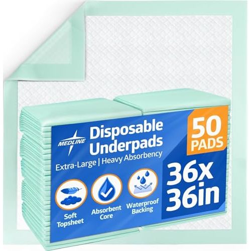 Medline Super Absorbent Underpad, 36" x 36", 50 Count, Extra Large Disposable Incontinence Pads, Protective Bed Pads, Chucks, For Kids, Adults, Elderly, Furniture & Surface Protection Pee Pad