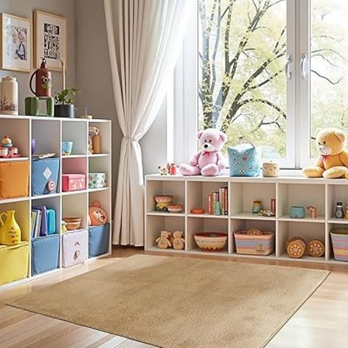 jinchan Solid Plush Area Rug 5x7 Performance Shaggy Washable Rug Indoor Soft Modern Faux Wool Cozy Non Slip Carpet for Living Room Kids Room Bedroom Dining Room Nursery Tan