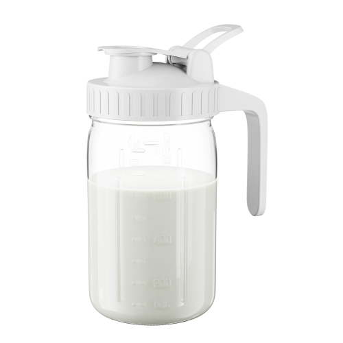 GOSCHE Breast Milk Pitcher Wide Mouth Glass Mason Jar Pitcher Leak Proof Milk Pitcher with Lid and Pour Spout White 32oz