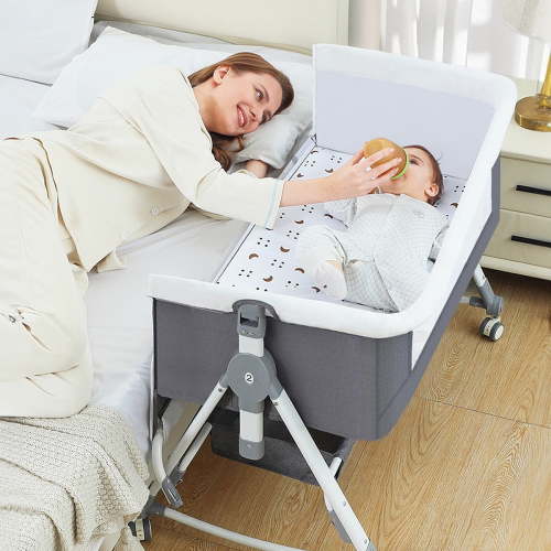 HENG Co. 5-in-1 Foldable Baby Bassinet with Changing Table, Adjustable Height Bedside Crib for Infants, Gray, for 0-24 Months