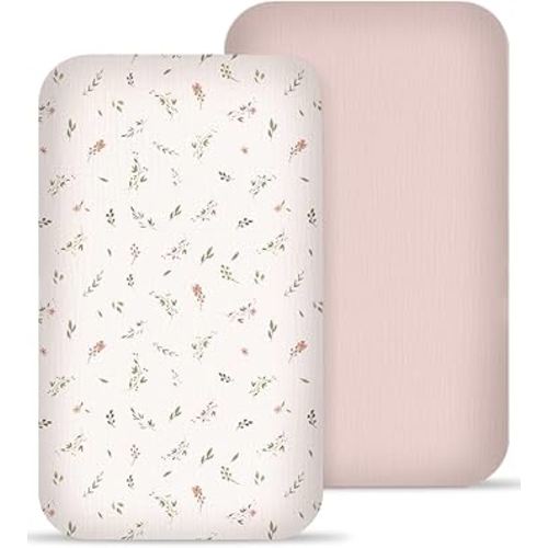 Muslin Bedside Bassinet Sheets 2 Pack, 33x20 Fitted Ultra Soft & Breathable Bedside Sleeper Sheets, Ideal for Baby Girl and Boy, Perfect for Newborns (Petal Leaf & Pink)