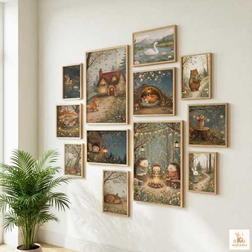 90 Prints Woodland Nursery Wall Art Bundle, Storybook Animals, Muted Palette (Digital Download)