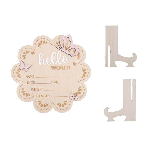 Wooden Baby Announcement Sign, Ngxiha Hello World Wooden Baby Birth Announcement Sign with Pink Bow, Baby Name Plaque Board Newborn Welcome Signs