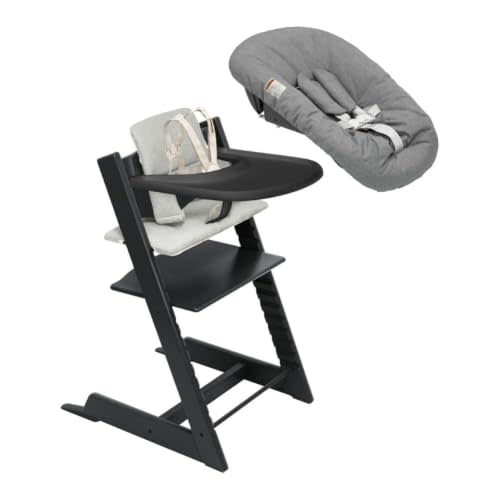 Stokke Tripp Trapp High Chair with Tray + Cushion, Black Nordic Grey | Includes Chair, Baby Set, Removable Harness, Tray, Cushion, for Ages 6-36 Months, Solid Wood, Holds up to 300 lbs