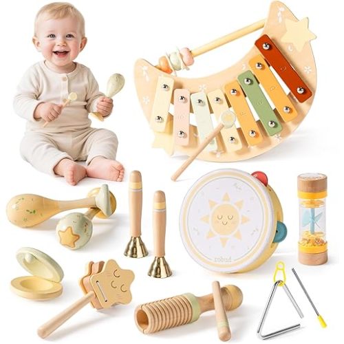 ROBUD Toddler Musical Instruments, Montessori Wooden Baby Musical Toys, Neutral Colors Musical Toys for Toddlers 1-3, Educational Percussion Set, for Boys and Girls(Star and Moon Theme)