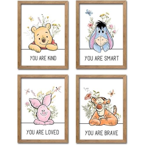 Cute Winnie the Pooh Quote Framed Wall Art Set of 4, Boho Educational You are Brave Strong Smart Kind Wooden Saying Sign for Baby Girl Kid Boy Toddlers, Preschool Inspirational Nursery Wall Decor