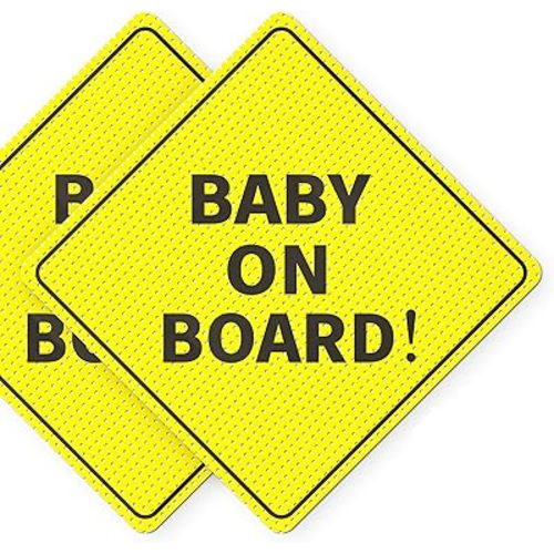 Baby On Board Signs, Car Essentials - Baby On Board Sticker - 2 Pack, 5" by 5" - Bright Yellow and See-Through When Reversing - Best Safety Signs - Non Magnet - Durable Strong Adhesive