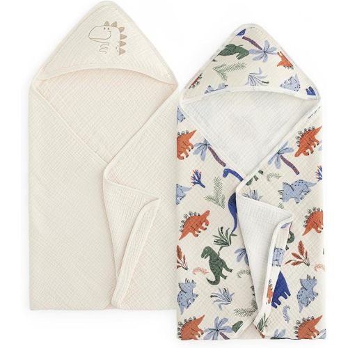 david's kids 2 Pack Hooded Baby Towels, Large 32"x32", 6 Layer 100% Muslin Cotton Highly Absorbent Boy Bath Towel for Newborn, Infant and Toddler, Soft and Breathable Baby Essentials, Dinosaur Story
