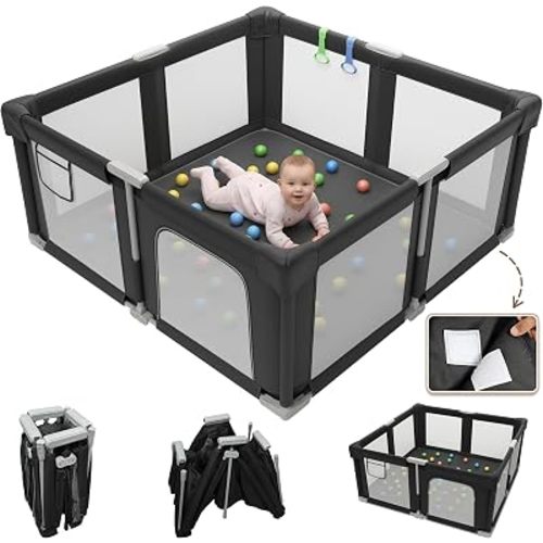 Foldable Playpen for Babies and Toddlers, 51" Portable Play Pen with Mat and Ocean Balls, Play Yard with with Visible Mesh for Inddor and Outdoor, No Assembly Required, Black