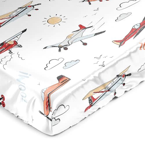 Sweet Jojo Designs Vintage Airplane Boy Baby Satin Fitted Crib Sheet Infant Newborn Nursery Toddler Bed Room Standard Mattress Grey Yellow Orange Red White Blue Air Plane Transportation Clouds Sun Sky