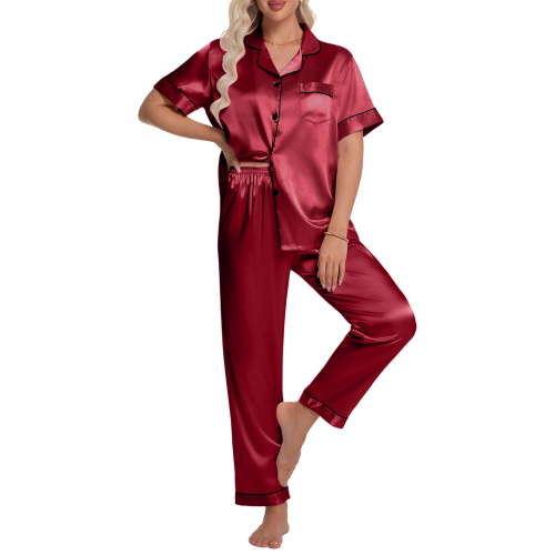 DAKIMOE Silk Satin Pajamas Set for Women Two-Piece Short Sleeve Shirt with Long Pajama Pant Set Soft Button Down Loungewear Nightwear Pjs Sleepwear for Women
