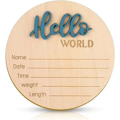 Baby Announcement Sign, 5.9 Inch Wooden Hello World Newborn Welcome Sign Birth Baby Name Plaques for Photo Props Baby Shower Hospital Nursery(Blue)
