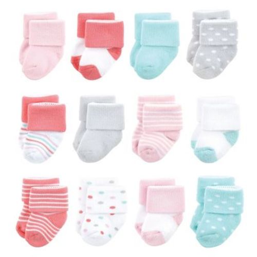 Luvable Friends Baby Girls Newborn and Baby Terry Socks, Coral Dots 12-Pack, 0-6 Months