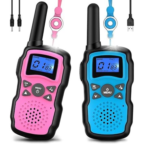 Wishouse Walkie Talkies for Kids Rechargeable Long Range,4 5 6 7 8 Year Old Boy Girl Birthday Gift,Camping Games Cool Toys Ideas for Children with 6000mAh Batteries,Flashlight,Lanyard,2 Pack Pink Blue