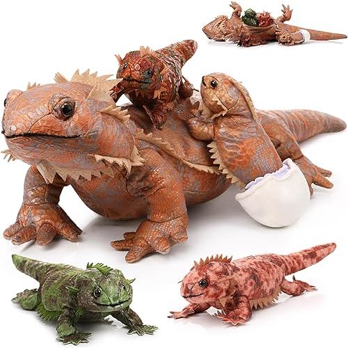 Lenwen 5 Pcs Bearded Dragon Stuffed Animal with 4 Baby Lizards Nurturing Family Set Reptile Gifts 26 Inch Large Lizard Iguana Plush Toy with Zippered Belly for Kids Birthday Pet Party Favor(Brown)