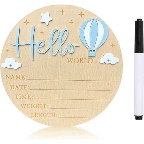 Baby Announcement Sign, 5.9 Inch Wooden Hello World Newborn Sign,Welcome Baby Signs,Birth Announcement Signs,Newborn Name Personalized for Photo Prop Clouds Balloon Design Hospital Nursery (Blue)