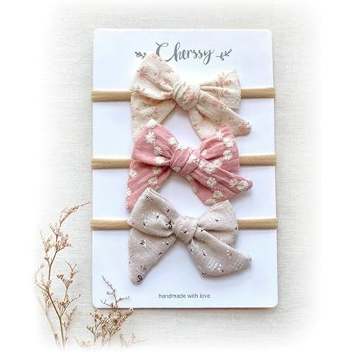 Cherssy Baby Headbands with Floral Bows, 3 Pcs Nylon Hair Bands for Newborn Infant Toddler Girls