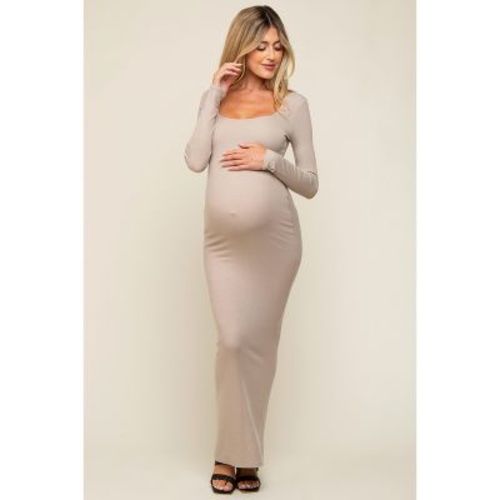 Pinkblush Taupe Ribbed Long Sleeve Square Neck Maternity Maxi Dress Medium