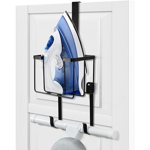 ORLESS Over The Door/Wall Mount Ironing Board Hanger, Laundry Room Iron and Ironing Caddy Board Storage Holder, Black