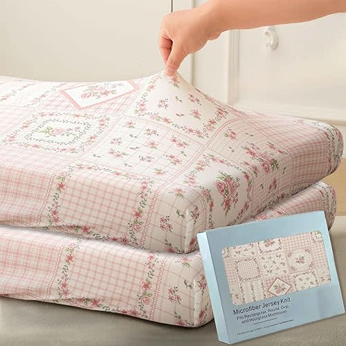 SDY Jersey FloralCrib Sheets for Baby Girls,52”x28”x8,2 Pack,Pink Flower Standard Oval/Retangle Crib Mattress Sheets for Toddler,Super Soft Breathable