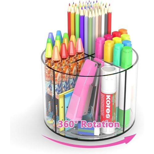 Small Pencil Organizer for Desk Acrylic 4 Compartments, Tiny Rotating Art Supply Organizer Kids, Spinning Round Marker Small Clear Desktop Caddy Swivel Office Pen Pencil Holder