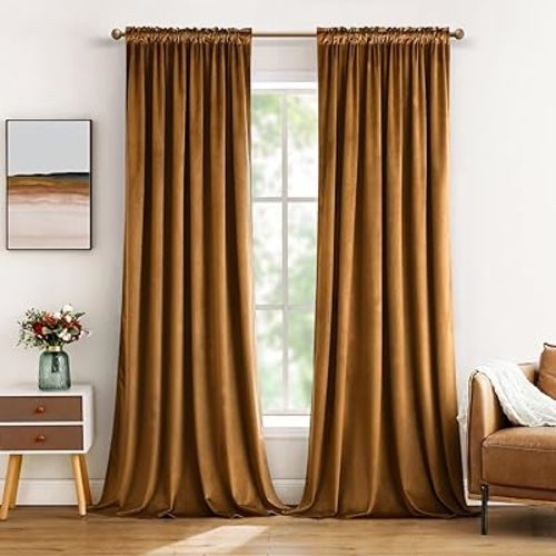 MIULEE Golden Brown Velvet Curtains Thermal Insulated Blackout Curtain Drapes for Bedroom Living Room Darkening 90 Inches Long Curtains Panels Rod Pocket Set of 2