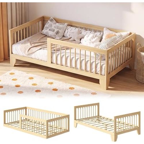 EXPERLAM Twin Montessori Floor Bed for Kids, Removable Rails, Burlywood