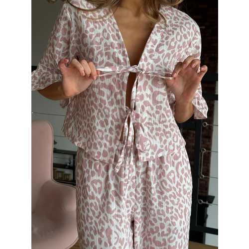 Crinkle Muslin Pajama Set: Leopard Print Cotton Sleepwear Loungewear