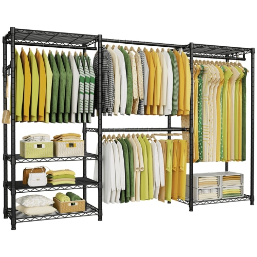 Ulif E1 Max Heavy Duty Closet Garment Rack, Adjustable Metal Freestanding Expandable Clothing Storage with 4 Hanger Rods, Easy to Assemble Wardrobe, Blcak