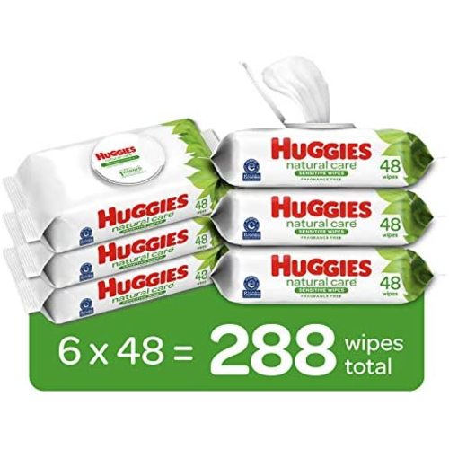 Baby Wipes, Huggies Natural Care Sensitive Baby Diaper Wipes, Unscented, Hypoallergenic, 6 Flip-Top Packs (288 Wipes Total)