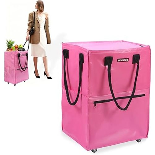 WORKPRO Medium Reusable Grocery Bag on Wheels, Heavy Duty Rolling Shopping Tote with Handle, Folding Trolley on 4 Caster Wheels for Groceries, Laundry, Camping, Moving