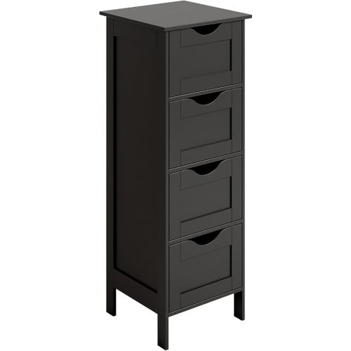 Bonnlo Slim Bathroom Floor Cabinet, 4-Drawer Wooden Freestanding Storage Unit, Small Side Organizer for Narrow Spaces, Compact Bathroom Storage Cabinet for Kitchen, Hallway & Office, Matte Black