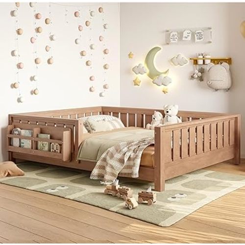 Bellemave Full Floor Bed with Slats and Rails, Full Size Montessori Floor Bed with Bookcase and Fence, Easy Assemble Montessori Beds for Girls, Boys, Natural Floor Beds