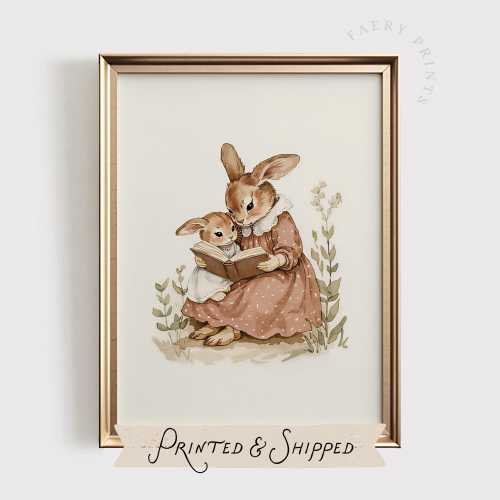 Rabbit Reading Nursery Wall Art | Vintage Style Mom & Baby Book Print | Antique Girls Nursery Decor