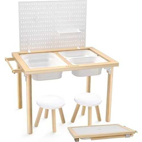 Easyego Sensory Table for Toddlers Kids Play Wooden Sand Water Table with Can DIY Creation Pegboard & Foldable Storage Bins for Indoor and Outdoor Use, Birthday Gifts for Boys and Girls