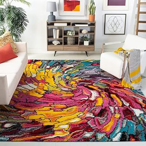 SAFAVIEH Fiesta Shag Collection Area Rug - 6'7" Square, Multi, Abstract Rainbow Design, Non-Shedding & Easy Care, 0.5-inch Thick Ideal for High Traffic Areas in Living Room, Bedroom (FSG373M)