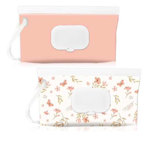 FEBSNOW 2 Pack Baby Wipes Dispenser Holder, Portable Refillable Baby Wet Wipes Pouch Container Reusable Travel Case for Outdoor Hiking, Pink Flower