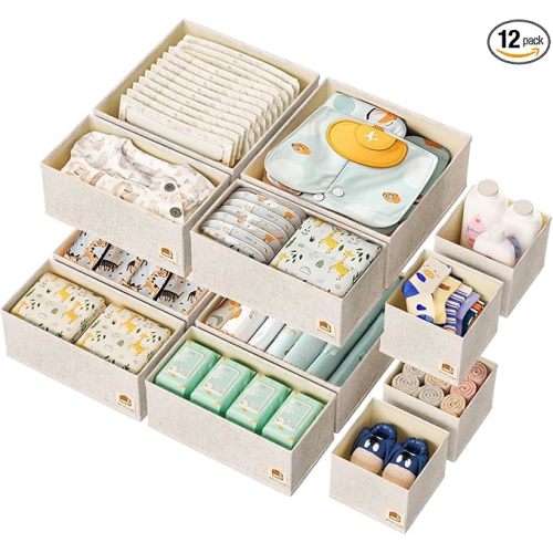 Cotton Linen Drawer Organizer for Baby Clothes, 12Pack Multi-Size Nursery Dresser Dividers for Clothes, Premium Foldable Storage Bins for Bedroom, Closet and Diaper Table, Beige