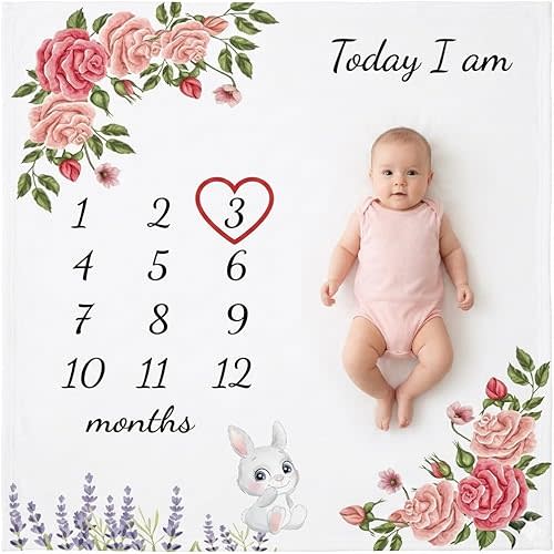 vmaisi Baby Milestone Blanket for Girl, Monthly Growth Photo Blanket for Newborn Infant, Floral Nursery Swaddle Blanket (Flowers, Single Printed
