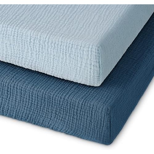 Muslin Pack and Play Sheets Fitted, 100% Cotton Mini Crib Sheets 2 Pack for Pack N Play Mattress, Stretchy Playard Sheet, Soft and Breathable Gradient Blue