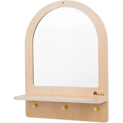 Montessori Wooden and Acrylic Mirror for Toddlers, Wall Mount Mirror with Hooks & Shelf—Shatterproof, Natural Wood, Easy Assembly Furniture for Entryway, Nursery Living Room Hallway Bathroom