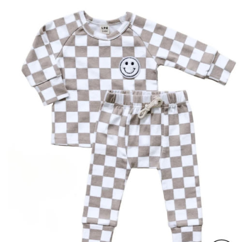 Checkered Smiley Lounge Set | Latte