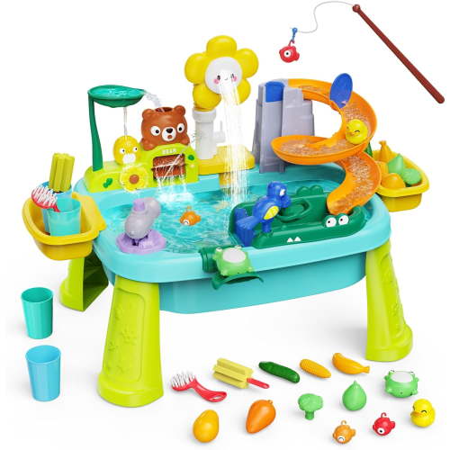 Water Table for Toddlers 1-3 with Electric Water Pump, Sand and Water Table for Kids Ages 4-8,Play Food,Fishing Game Sensory Toys Summer Toys for Outside Outdoor Backyard (Blue)