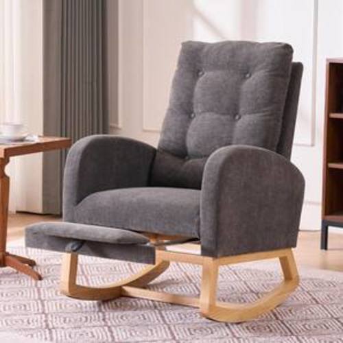Beige Nursery Rocking Chair with Footrest High Back Upholstered Glider Chair Accent Armchair with Side Pocket, Wood Legs