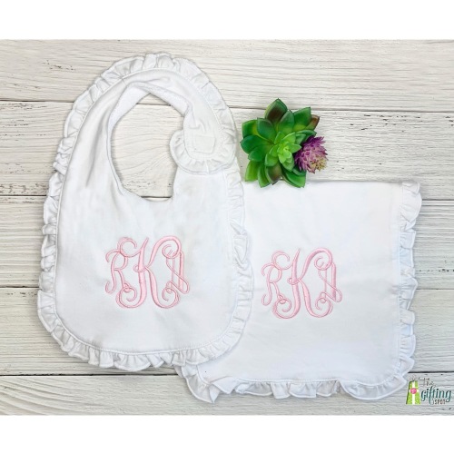 Monogrammed White Ruffle Bib and Burp Cloth