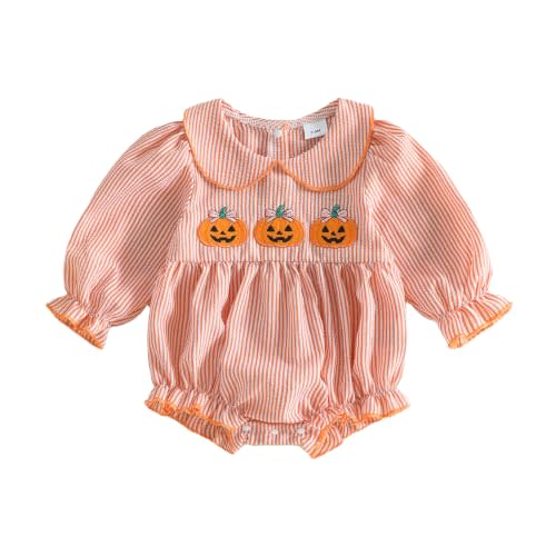 Baby Girl Halloween Romper Striped Pumpkin Embroidery Long Sleeve Onesie | Crinkled Striped Infant Bodysuit, Pumpkin Embroidery, Peter Pan Collar,perfect Halloween Photo Outfit For Newborn Girls.