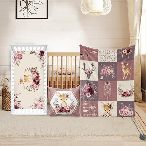Baby Crib Bedding Set 3 Pcs - Patchwork Deer Crib Bedding Set for Girls - Floral Plaid Nursery Bed Sets Include Soft Blanket Dotted Back, Fitted Sheet, Pillowcase for Newborn Infant Shower Gifts