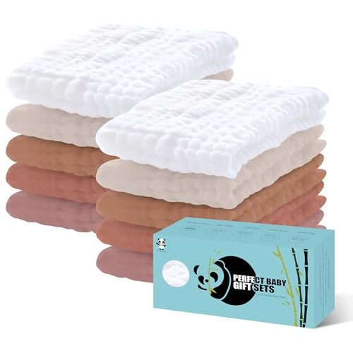 HIPHOP PANDA 10 Pack 6-Layers Muslin Burp Cloths Large - Durable 100% Cotton - Extra Absorbent and Soft Boys & Girls Rags for Newborn Registry (White+Bean Paste Series, 20" X10")