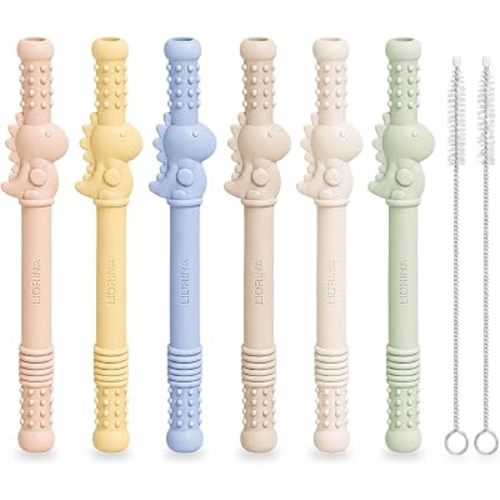 Teething Sticks for Babies 36+ Months, Soft Silicone Teething Tubes for Back Molars, Dinosaur Teething Toys with 2 Cleaning Brushes, Gift for Toddlers, Multicolor 6-Pack